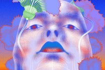 Graphic illustration of a human-looking AI robot blinking its eyes, its face framed by flowers