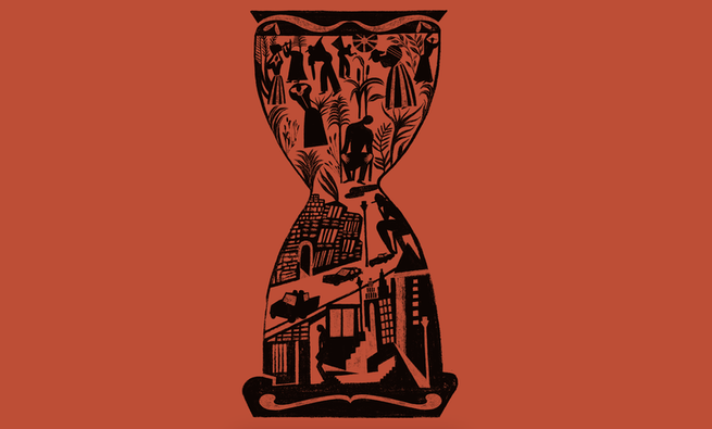 illustration of black hourglass with images of people working in fields at top and street scenes at bottom on red background