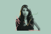 A blue-green, stylized photo of the author Madhuri Vijay, with pixelated pink, yellow, and green squiggly marks around her