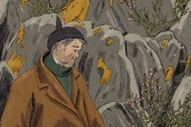 detail of illustration with gray-haired white man in a black knit cap, a green turtleneck, and a brown coat in front of coastal rocks