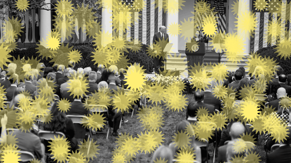 An illustration of Amy Coney Barrett and Donald Trump in the Rose Garden with coronavirus drawings around