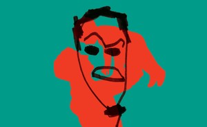 child's black marker drawing of angry face with dark short hair over red silhouette of father raising small child in air on teal background