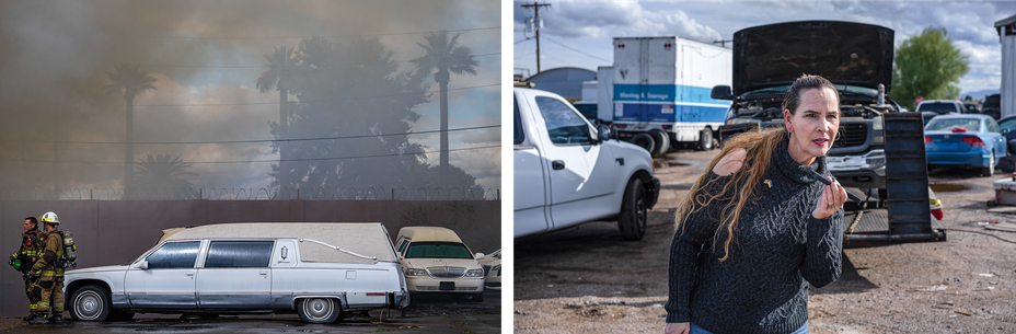 2 photos: 2 firefighters and a white hearse shrouded in smoke by fence with palm trees in background; woman with long hair in black sweater in parking lot in front of truck with hood raised