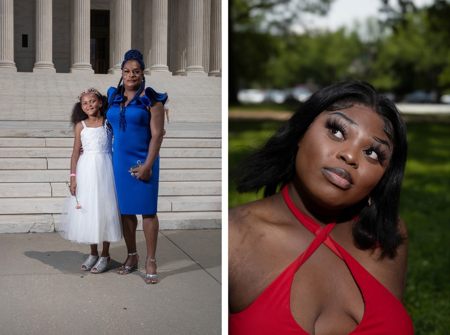 a mother and daughter stand in front of Capitol, A woman in red looks up