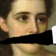 A portrait of a woman with her mouth missing.
