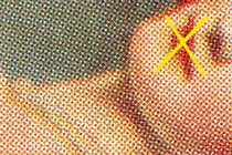 Artwork of a lady with a yellow X on her lips.