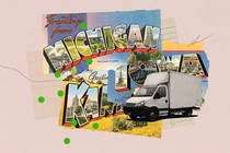 A graphic of a "Greetings From Michigan" postcard and a moving truck