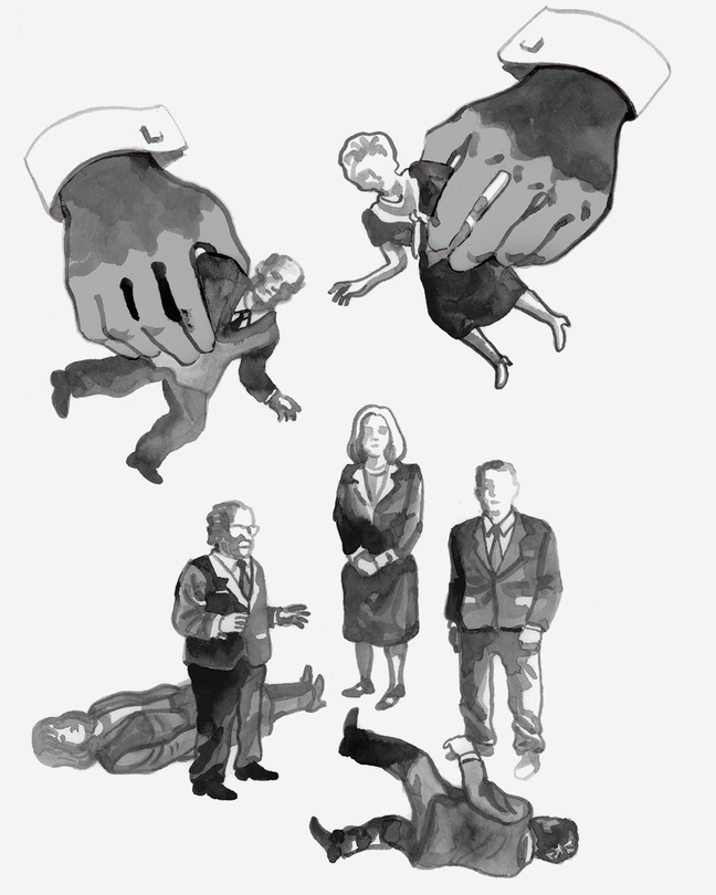 Ilustración en blanco y negro de dos manos jugando con siete muñecos con atuendos formales de oficina y del tamaño de figuras de acción. Las manos sostienen dos muñecos y los demás se encuentran de pie o acostados en el suelo.