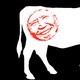 The white shape of a cow on a black background, with a red stamp of Joe Biden's face on its hind leg