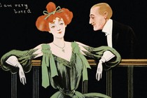 A vintage illustration of a man and woman in formal attire, with the caption "I am very bored"