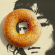A black-and-white sketch of an Asian woman against a cream background. A sesame bagel is centered over her left eye.