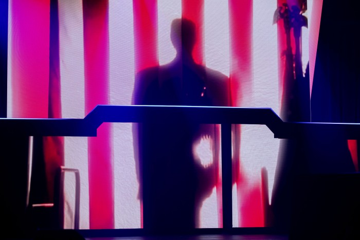 Donald Trump's shadow is illuminated on the stripes of the American flag during a keynote address in Detroit
