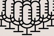 Illustration of outlines of black vocal microphones on stands multiplying backwards in a V shape, on a tan background.
