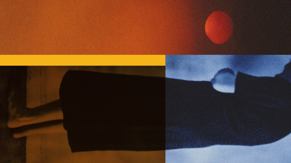 an image of someone hunched over layer onto blocks of color and an image of a moon in the top right corner