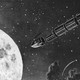 A black-and-white illustration of a long, thin rocket heading toward the moon against the backdrop of a starry night sky