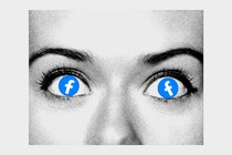 Close-up of a woman's face, her eyes replaced by Facebook logos