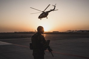A member of the United States Air Force keeps watch over a runway in Kandahar, Afghanistan, on September 9, 2017.