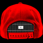 A red baseball cap with a jail cell in the space at its rear