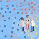 An illustration of three researchers in lab coats standing and talking, surrounded by red, blue, and yellow networks of dots