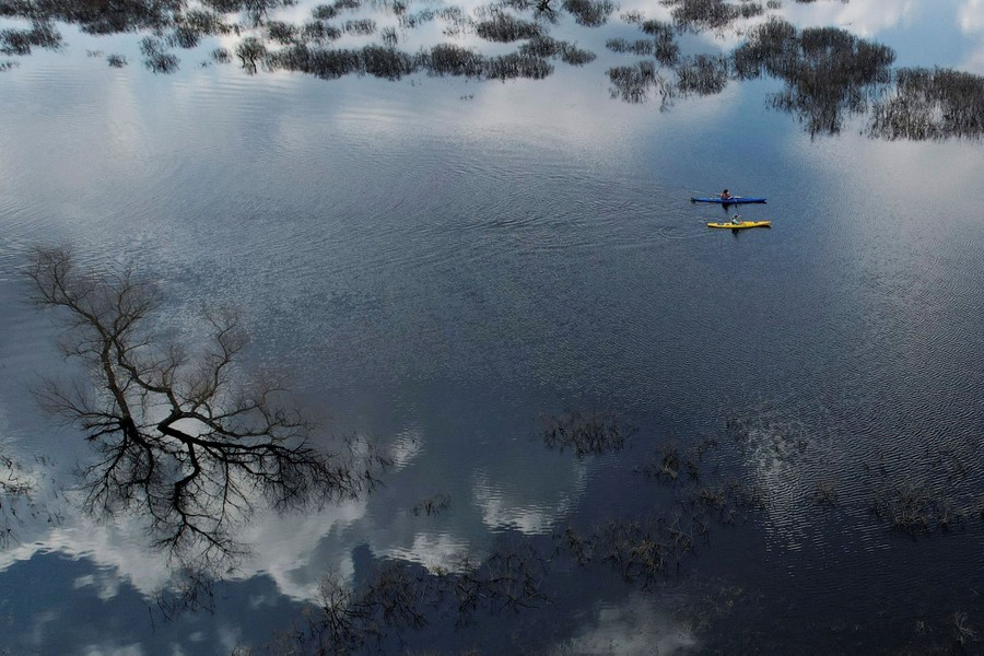 A pair of kayakers paddle in a river.