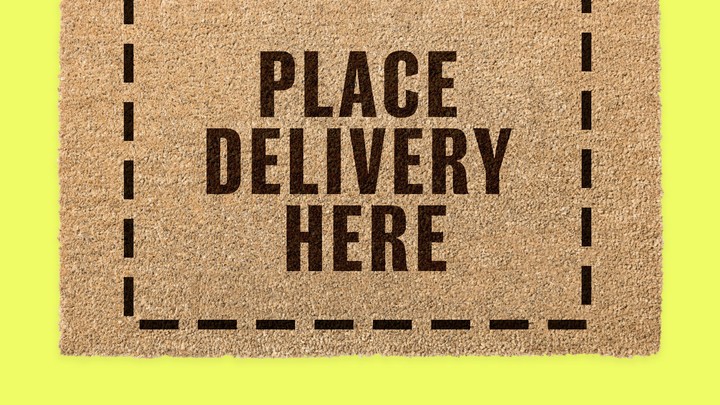 A doormat that reads, "PLACE DELIVERY HERE"