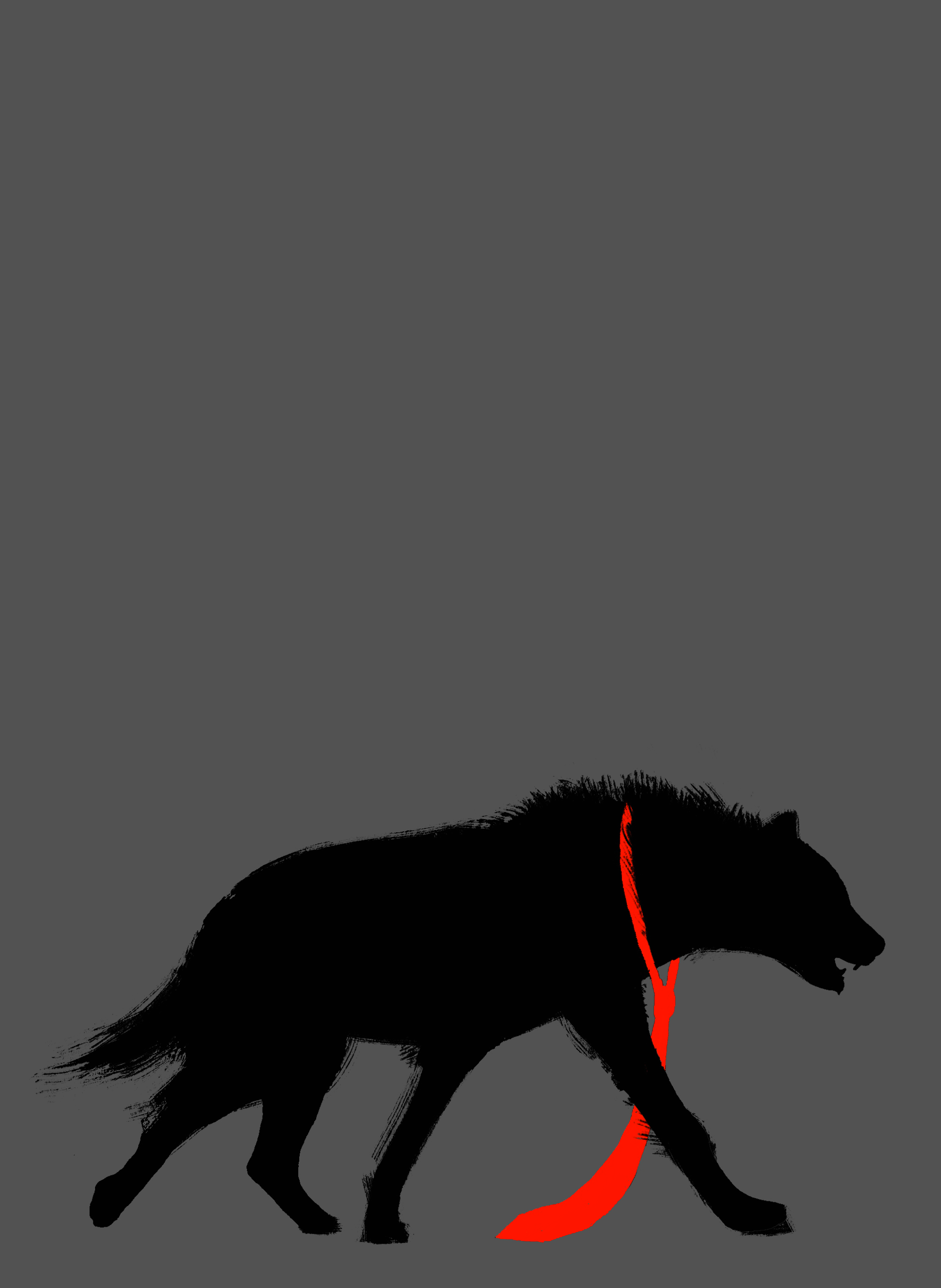 illustration with silhouette of a hyena stalking prey wearing long red business tie on gray background