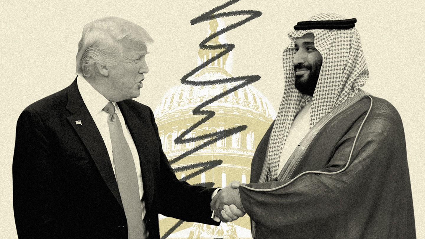 an illustration of Donald Trump shaking hands with Saudi Crown Prince Mohammed bin Salman