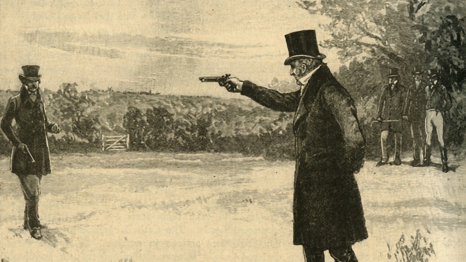 A drawing of two men facing off in a duel