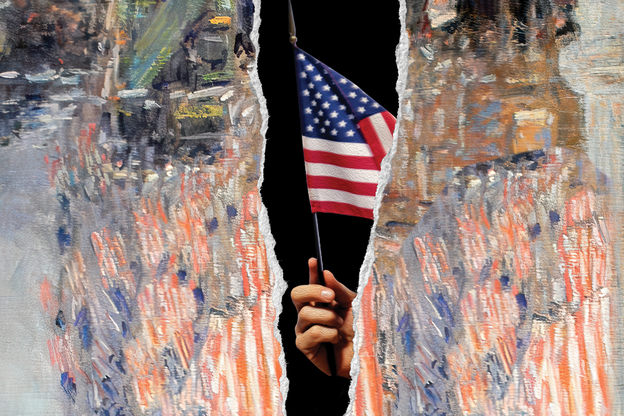 Detail of an illustration of a torn oil painting with numerous impressionist U.S. flags, with a hand reaching through the black v-shaped hole holding up a small U.S. flag.
