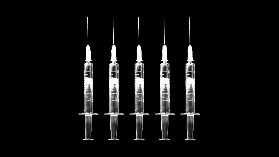 Graphic illustration of five white upright syringes in a line, on a black background.
