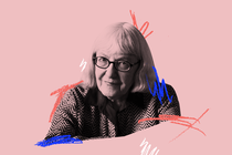 A black-and-white image of Cynthia Ozick against a pink background, with decorative squiggles