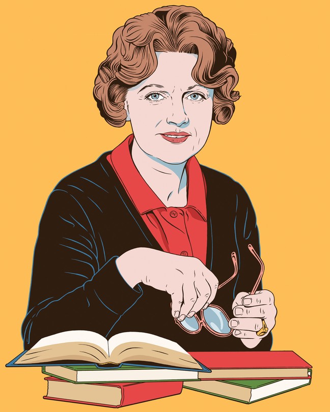 Illustration of woman wearing a black cardigan over a red collared shirt, holding glasses and sitting behind stack of books, on a mustard-yellow background.