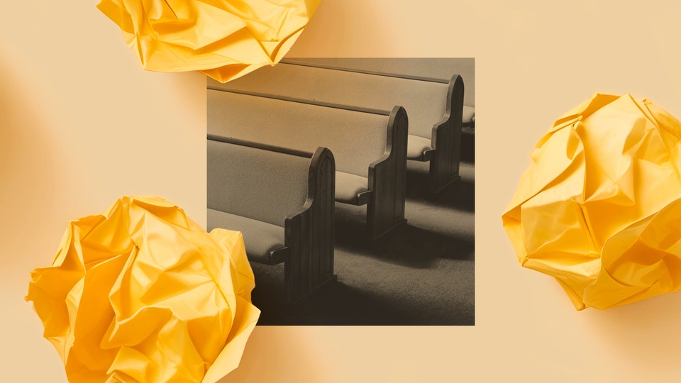 A graphic illustration featuring yellow crumpled-up paper surrounding a black-and-white photo of empty pews casting shadows