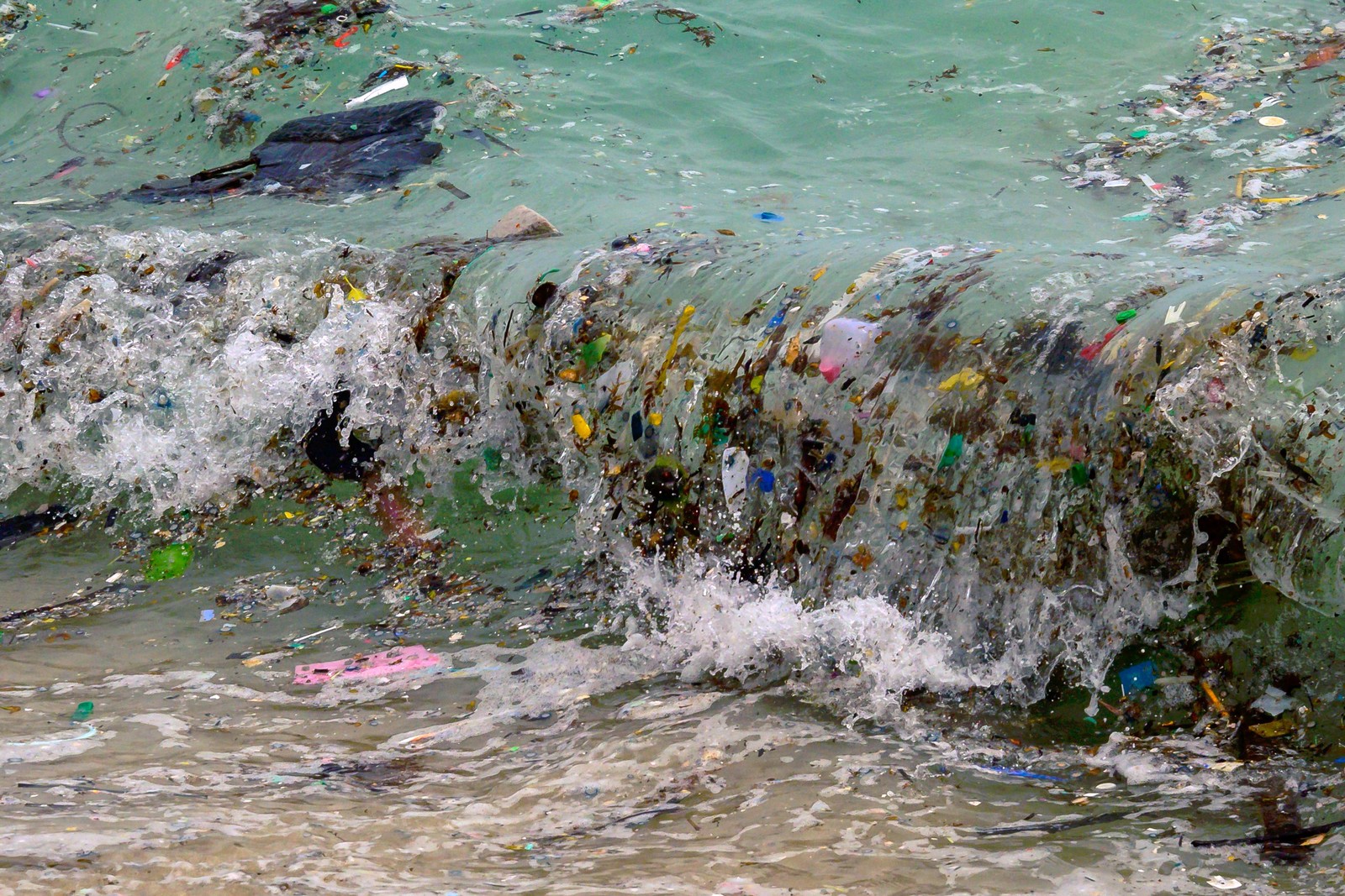 A wave carrying plastic waste and other rubbish washes up on a beach.
