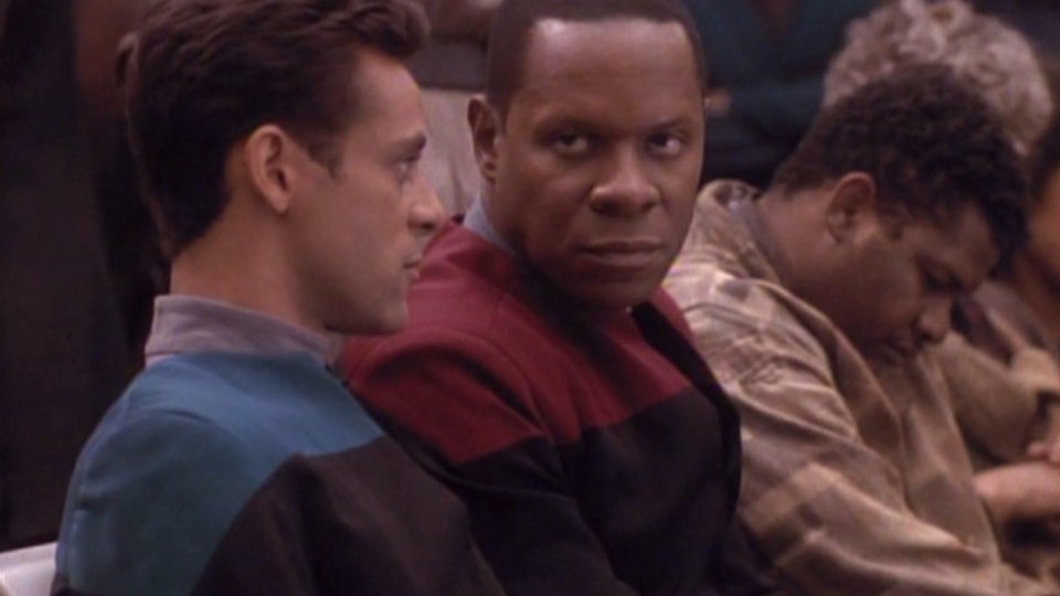 Commanding Officer Benjamin Sisko with Dr. Julian Bashir in the 'Star Trek: Deep Space Nine' episode 'Past Tense'