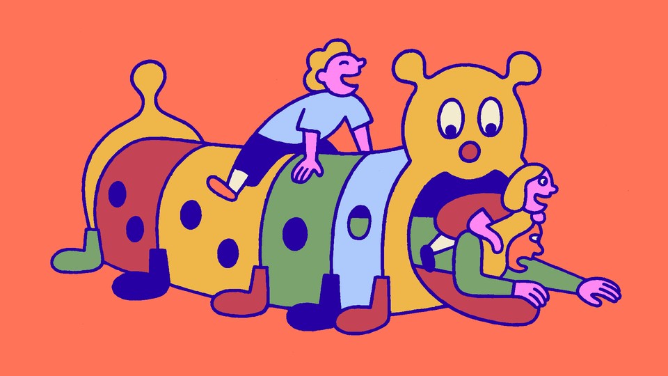 A mom trapped inside a caterpillar-tunnel toy, beneath her playing children