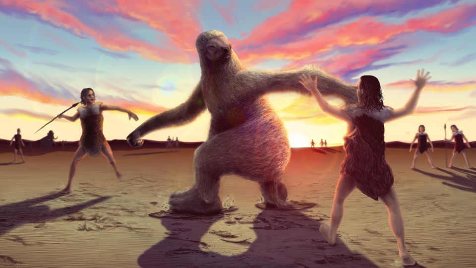 An artistic reconstruction of humans hunting a ground sloth