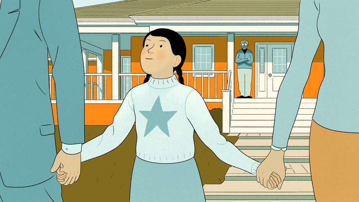 An illustration of a girl holding hands with her parents while her grandmother looks on from the distance.