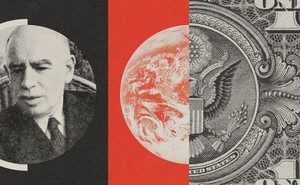 An illustration of John Maynard Keynes, the planet, and the U.S. eagle