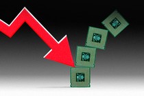 A downward stock-market arrow colliding with a stack of computer chips