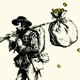 Illustration of Civil War soldier, marching with rifle slung over his shoulder with a bag tied to it shedding gold coins