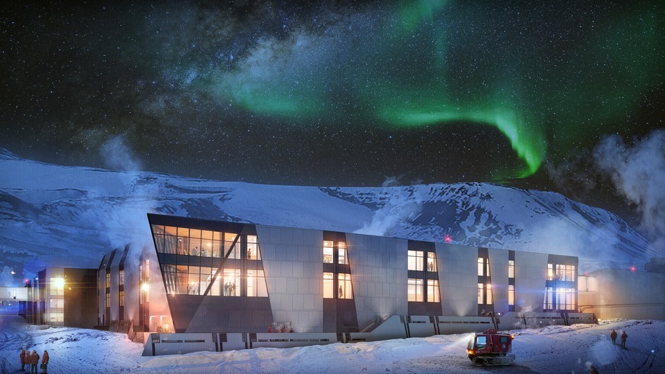 A rendering of a modern building with many windows in Antarctica