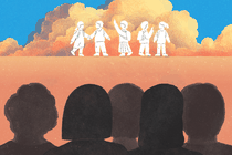 Five silhouettes facing backward look at the outlines of children in the distance, representing their younger selves