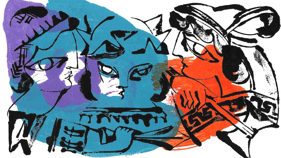 sketch of mythical figures against splotches of purple, blue, and orange