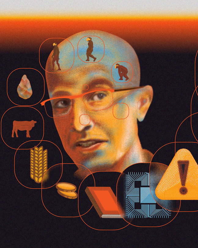 Bald man with glasses near orange horizon line with a series of circled images spiraling out of his head including early man, stone tool, wheat, coins, book, computer chip, and yellow warning triangle with exclamation point