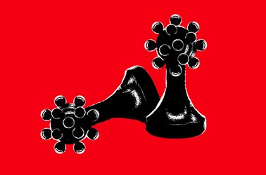 Illustration of two chess-pieces, pawns with coronavirus-shaped heads. One is tipped over.