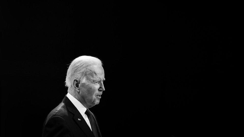Black-and-white medium close-up picture of Joe Biden's profile