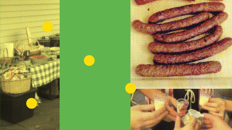 A collage of photos from a barbecue—a food table with Crockpots and chips, a plate of sausages, a circle of people taking novelty shots.
