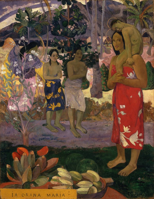 painting of tropical scene with woman in red floral sarong with child on shoulders, with text in lower left corner 'IA ORANA MARIA'