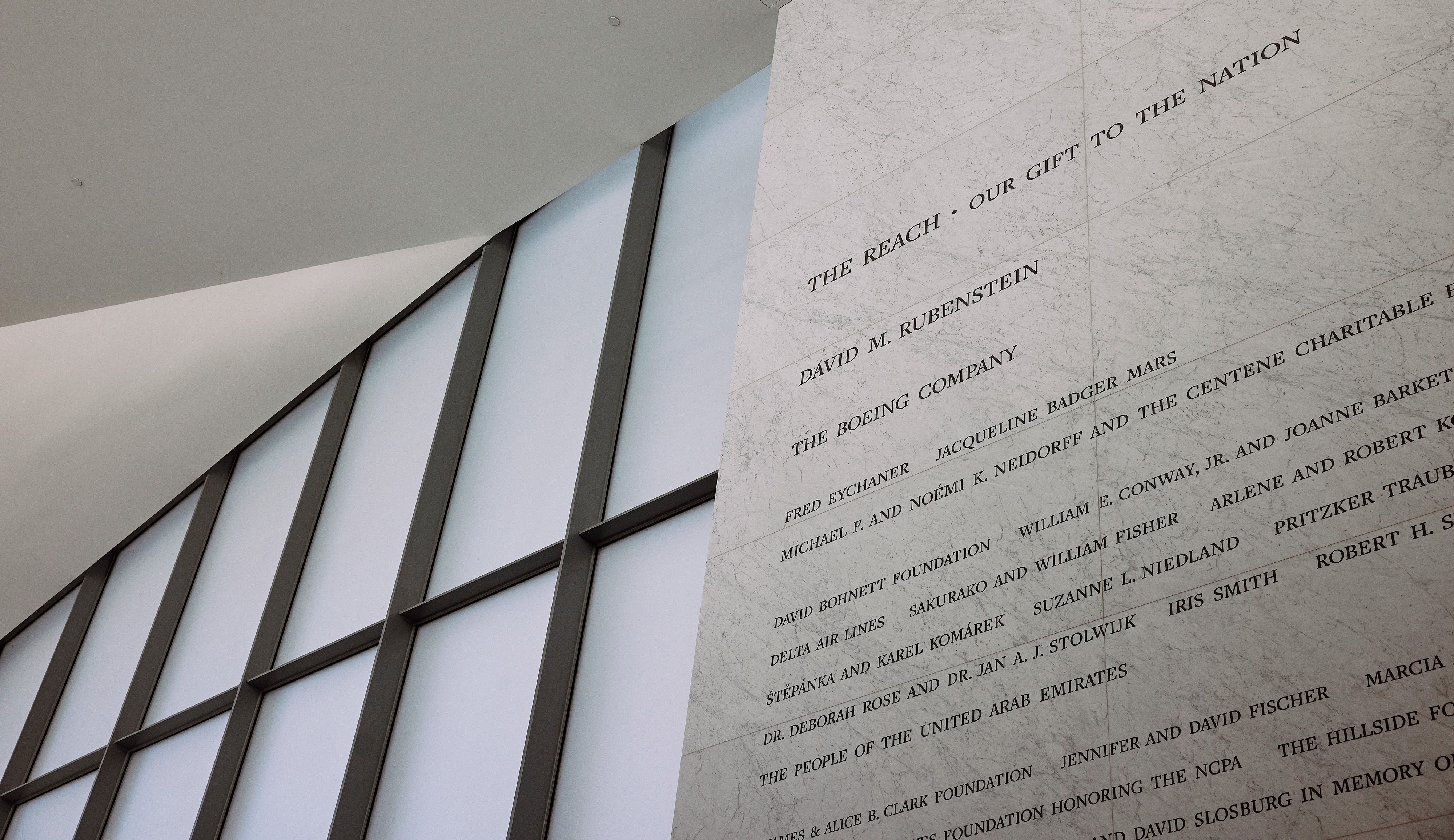 A commemorative wall with donor's names, prominently featuring Rubenstein's, at the John F. Kennedy Center for the Performing Arts